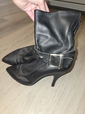 BCBGeneration Black Pointed-Toe Ankle Booties with Buckle Strap